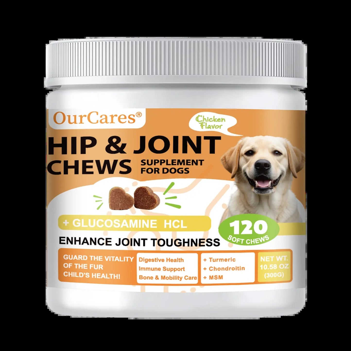 Ourcares Hip and Joint for Dogs Glucosamine for Dogs Hip and Joint Supplement with Chondroitin MSM Vitamins C & E - Chicken Flavor 120 Soft Chews Pet Daily Chews Snacks