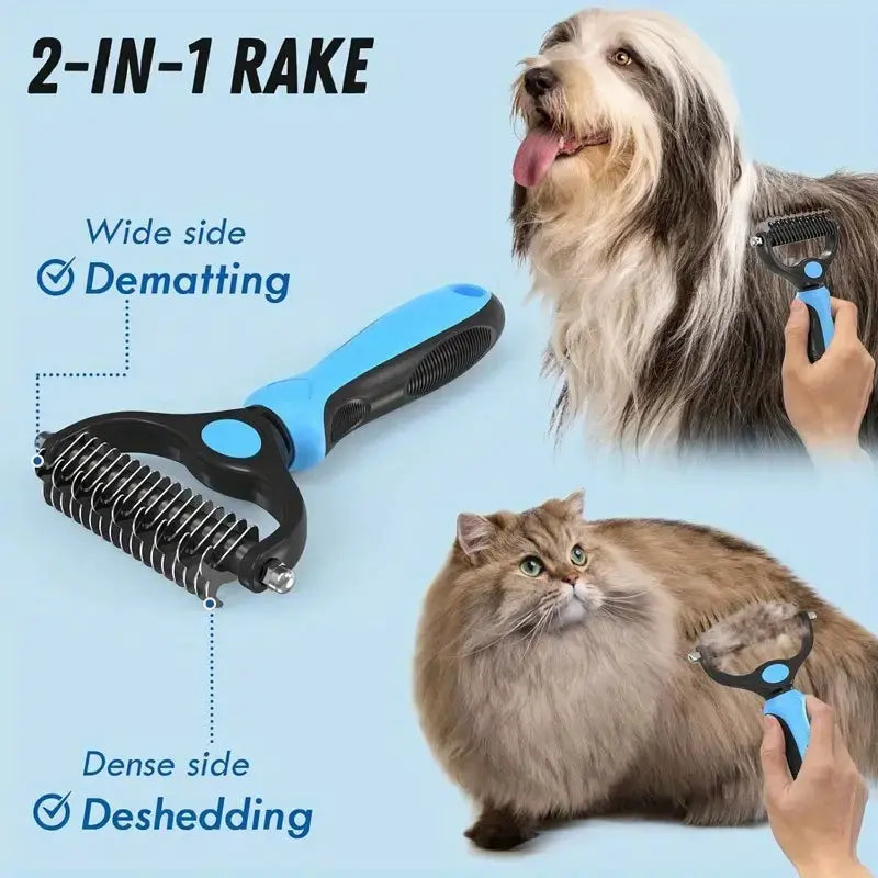 Professional Deshedding Brush for Dogs & Cats – Double-Sided Undercoat Rake with Stainless Steel Teeth – Reduces Shedding & Mats – Gentle Dematting Tool for Long-Haired Pets