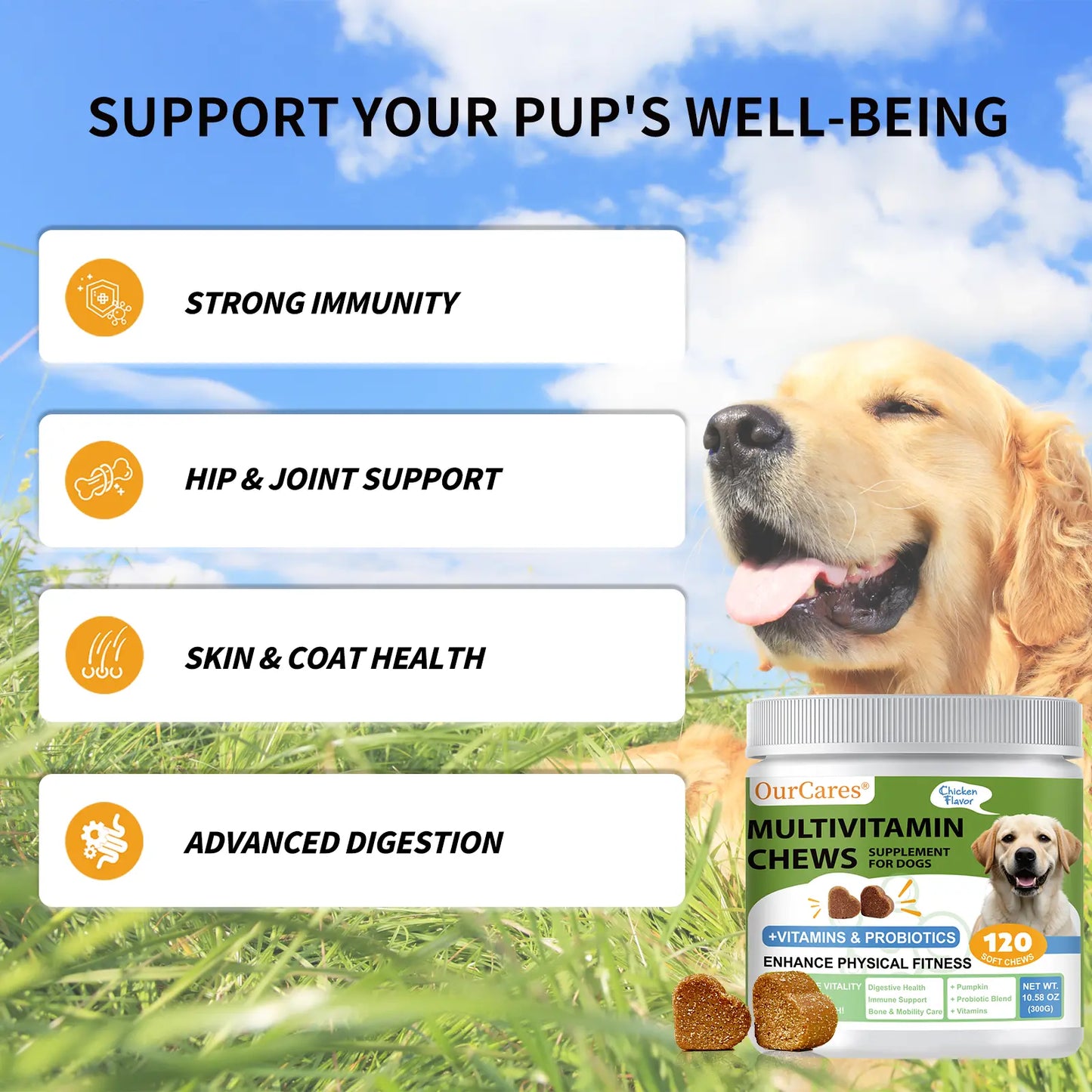 Ourcares Dog Multivitamin Supplements 120 Count Dog Multivitamin Chewable Immune Joint Support Skin Gut Health Glucosamine & Probiotics - Safe for Senior & Puppy Multivitamin - Chicken Flavor Pet Daily Chews Snacks