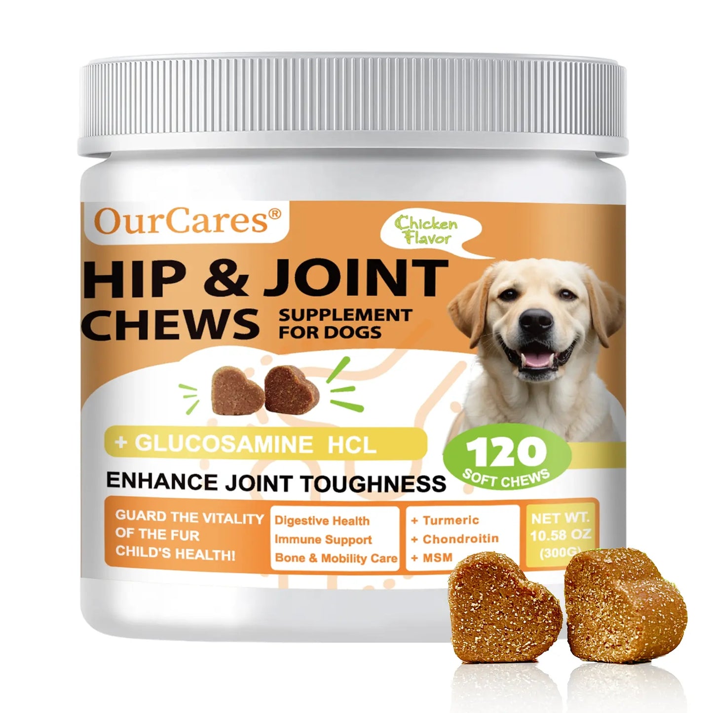 Ourcares Hip and Joint for Dogs Glucosamine for Dogs Hip and Joint Supplement with Chondroitin MSM Vitamins C & E - Chicken Flavor 120 Soft Chews Pet Daily Chews Snacks