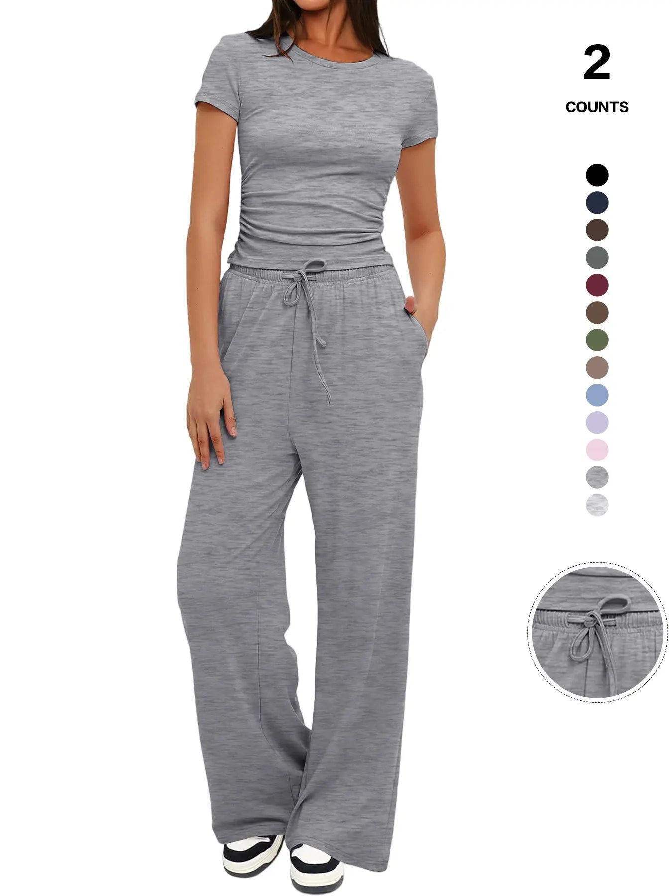 2026 Women'S Solid round Neck Tee & Pants Loungewear Pajamas Two/Six Piece Set, Casual Comfy Pyjama Set for Women, Comfy Loungewear Set for Daily Home Wear