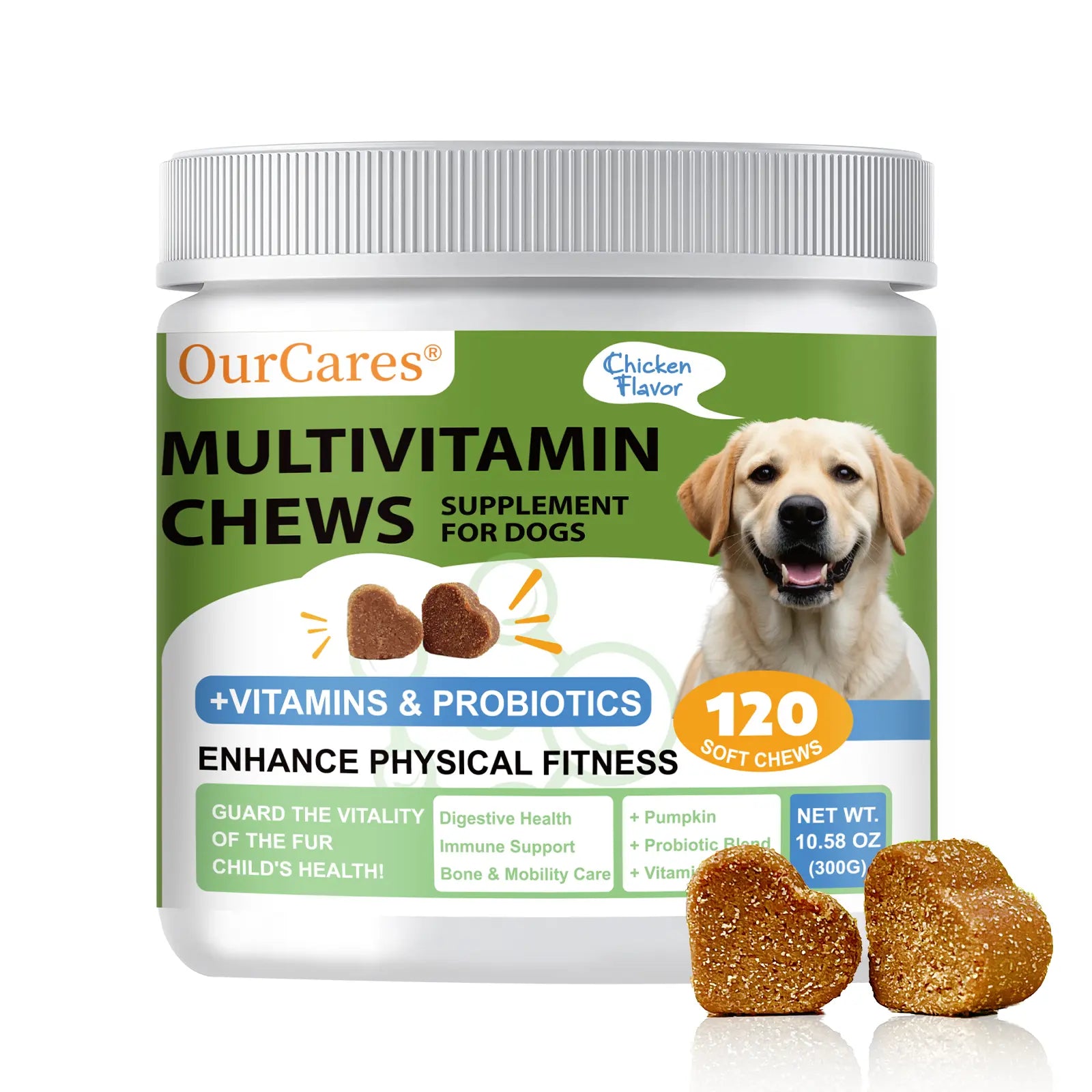 Ourcares Dog Multivitamin Supplements 120 Count Dog Multivitamin Chewable Immune Joint Support Skin Gut Health Glucosamine & Probiotics - Safe for Senior & Puppy Multivitamin - Chicken Flavor Pet Daily Chews Snacks
