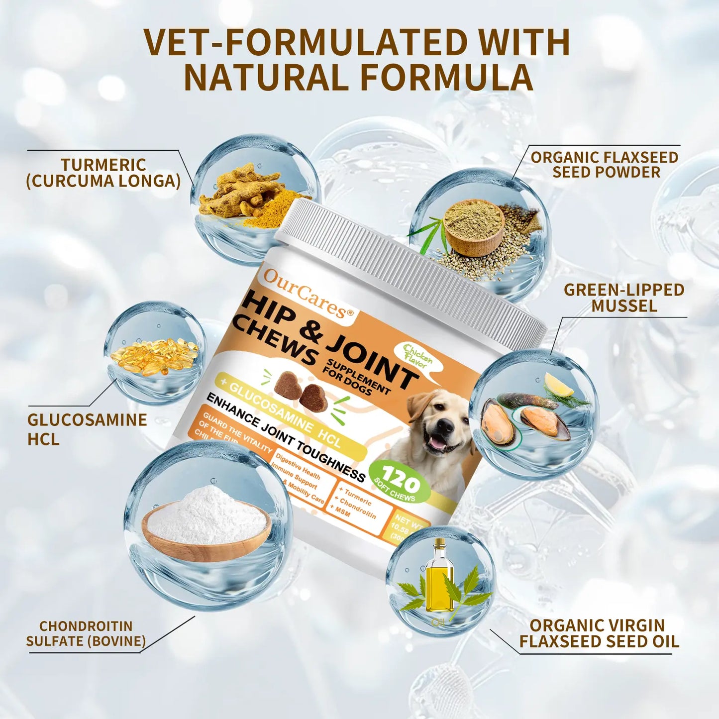 Ourcares Hip and Joint for Dogs Glucosamine for Dogs Hip and Joint Supplement with Chondroitin MSM Vitamins C & E - Chicken Flavor 120 Soft Chews Pet Daily Chews Snacks