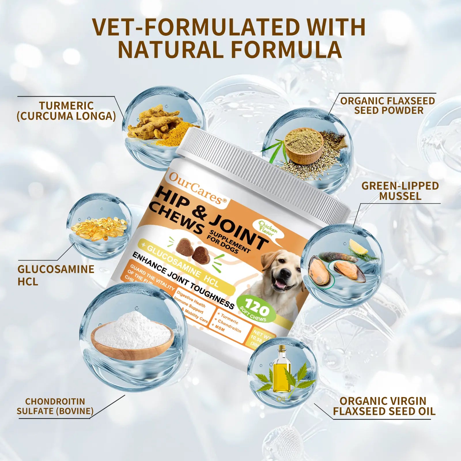 Ourcares Hip and Joint for Dogs Glucosamine for Dogs Hip and Joint Supplement with Chondroitin MSM Vitamins C & E - Chicken Flavor 120 Soft Chews Pet Daily Chews Snacks