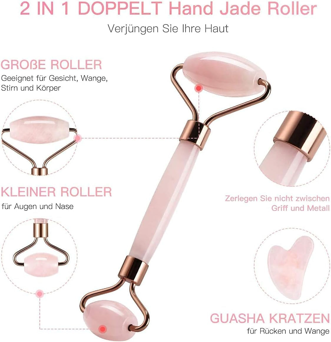 Gua Sha Y Rodillo De Jade Masajeador Facial，Rodillo Natural Facial De Cuarzo，Anti Arrugas anti Arrugas, Masaje Facial anti Envejecimiento De Rodillo (Rodillo De Cuarzo Rosa)
