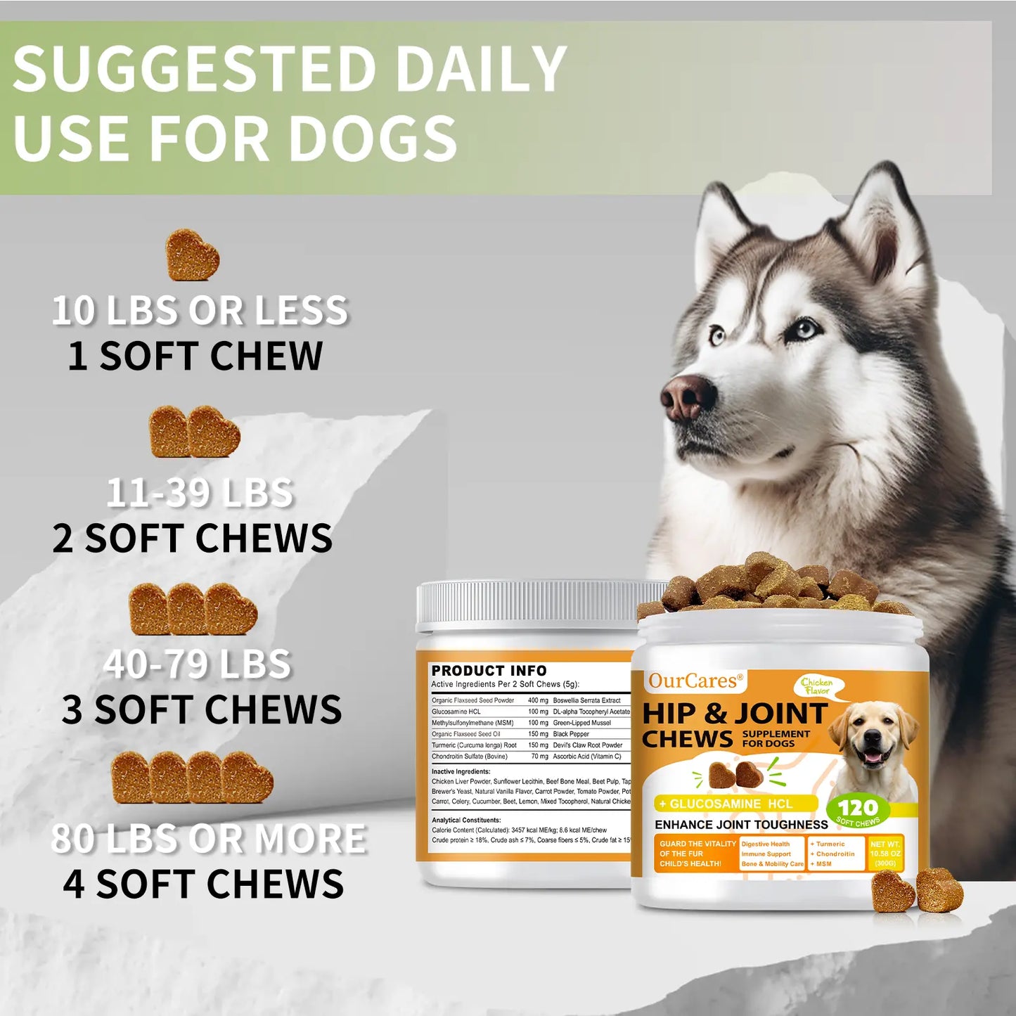 Ourcares Hip and Joint for Dogs Glucosamine for Dogs Hip and Joint Supplement with Chondroitin MSM Vitamins C & E - Chicken Flavor 120 Soft Chews Pet Daily Chews Snacks