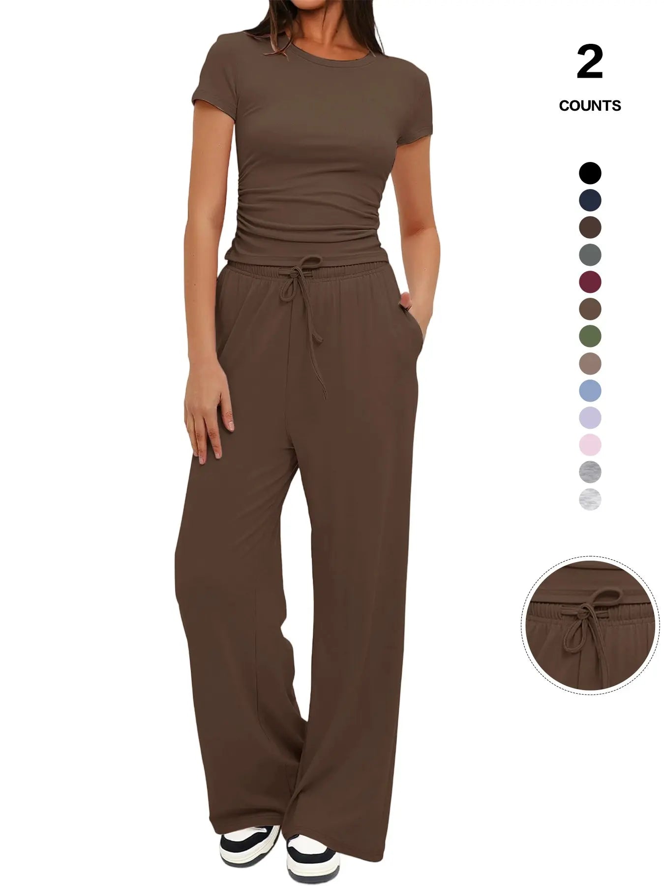 2026 Women'S Solid round Neck Tee & Pants Loungewear Pajamas Two/Six Piece Set, Casual Comfy Pyjama Set for Women, Comfy Loungewear Set for Daily Home Wear