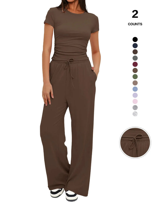 2026 Women'S Solid round Neck Tee & Pants Loungewear Pajamas Two/Six Piece Set, Casual Comfy Pyjama Set for Women, Comfy Loungewear Set for Daily Home Wear