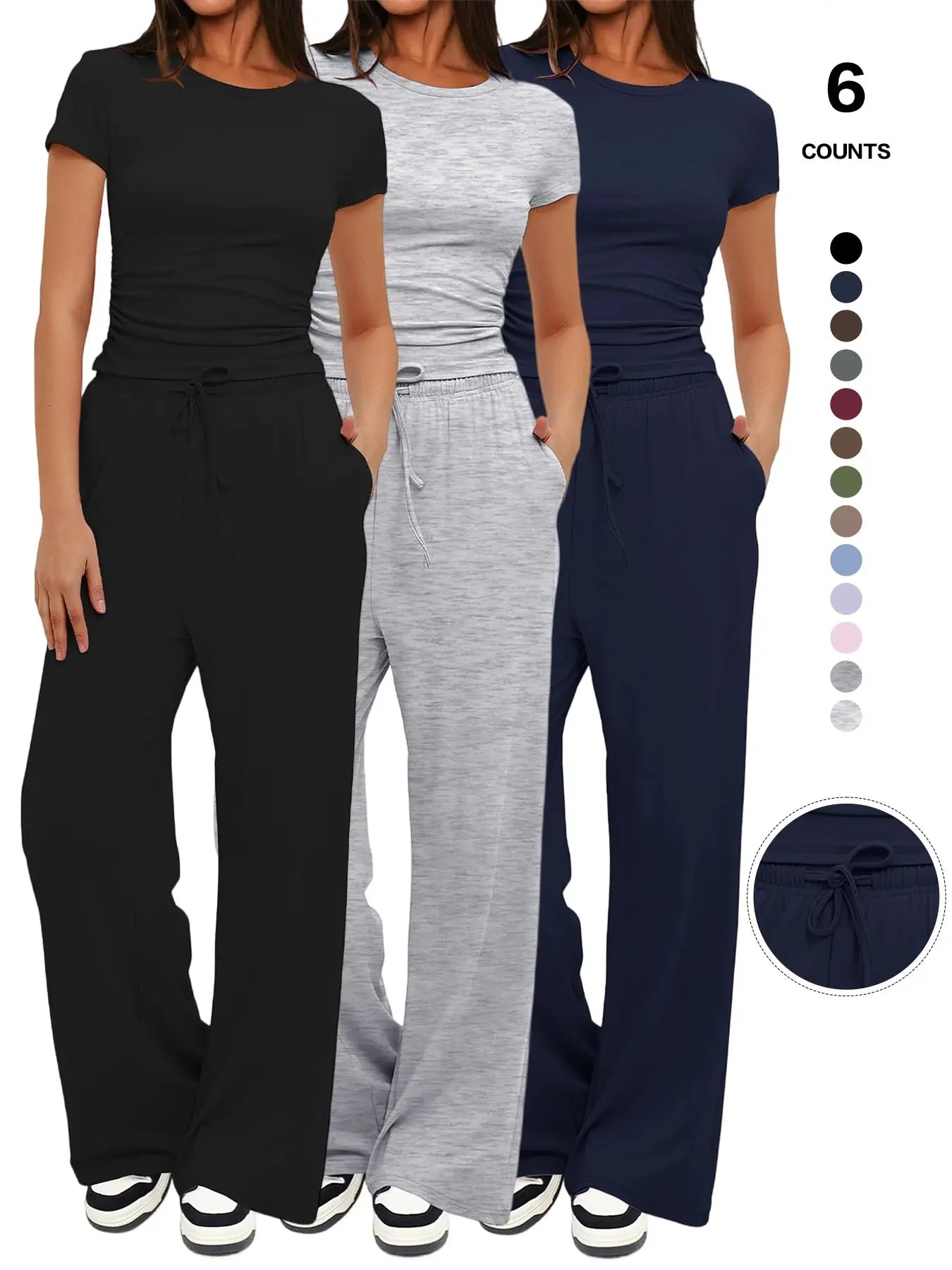 2026 Women'S Solid round Neck Tee & Pants Loungewear Pajamas Two/Six Piece Set, Casual Comfy Pyjama Set for Women, Comfy Loungewear Set for Daily Home Wear