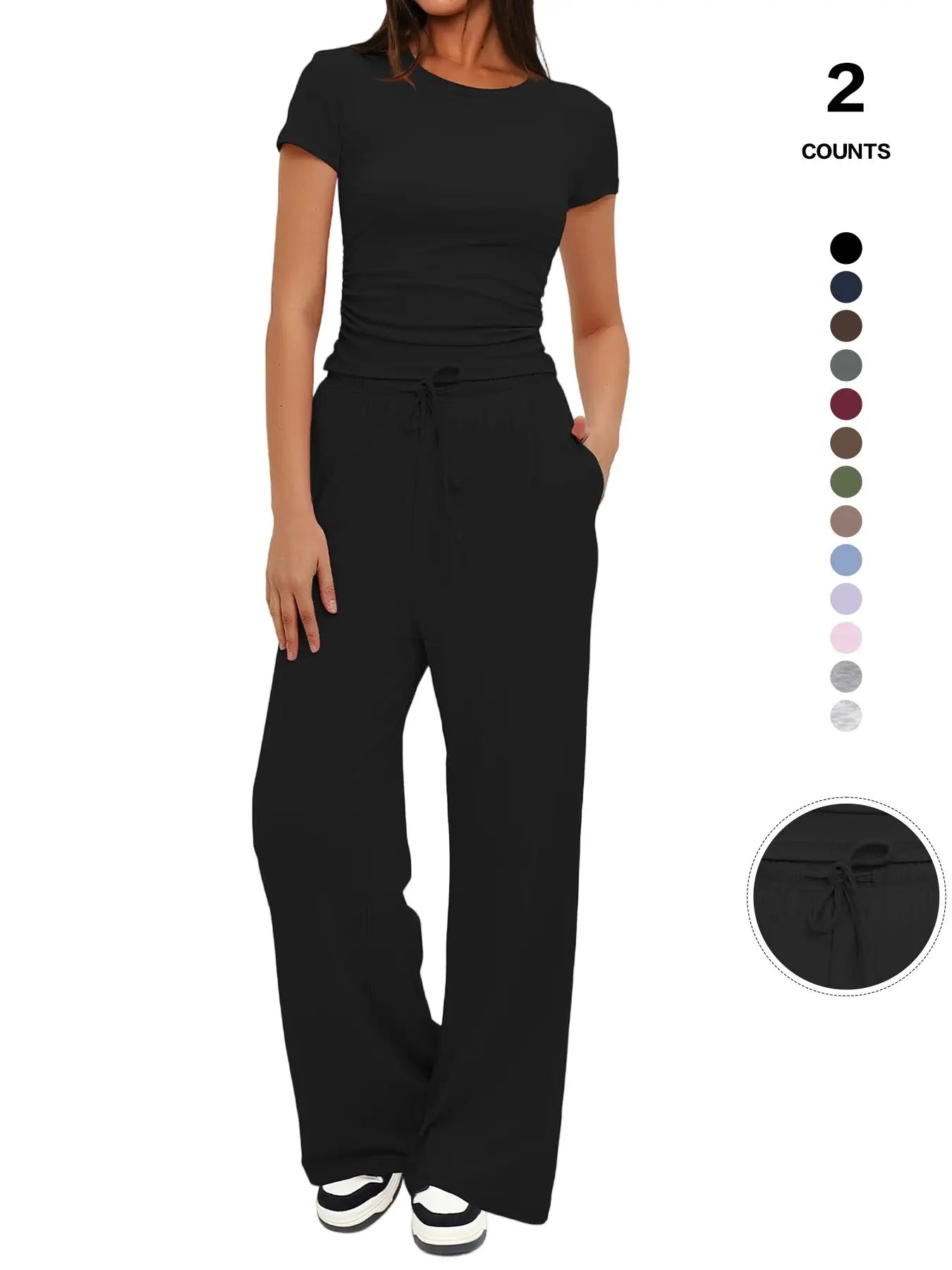 2026 Women'S Solid round Neck Tee & Pants Loungewear Pajamas Two/Six Piece Set, Casual Comfy Pyjama Set for Women, Comfy Loungewear Set for Daily Home Wear