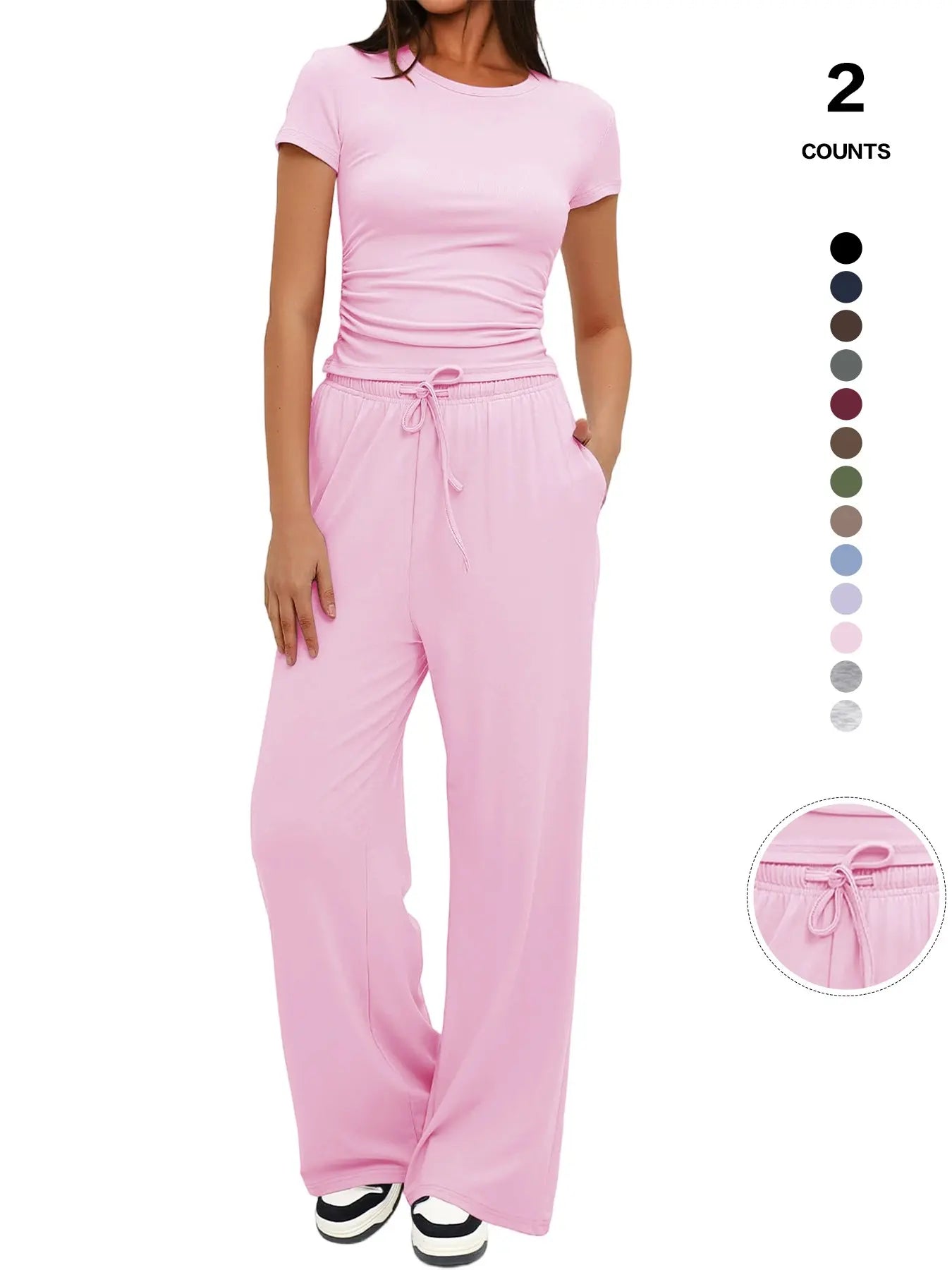2026 Women'S Solid round Neck Tee & Pants Loungewear Pajamas Two/Six Piece Set, Casual Comfy Pyjama Set for Women, Comfy Loungewear Set for Daily Home Wear