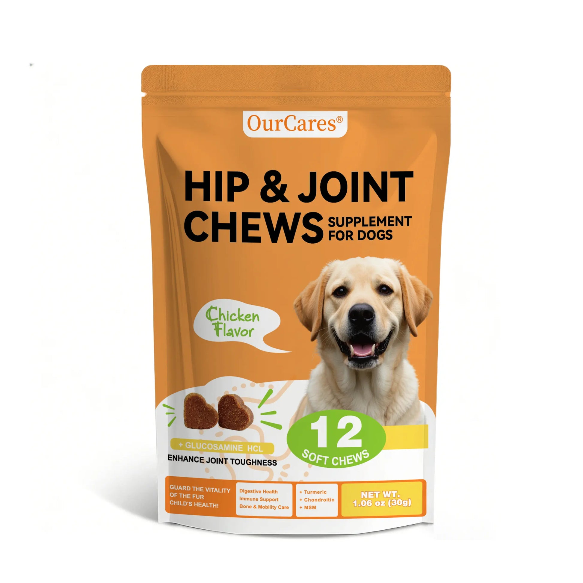 Ourcares Hip and Joint for Dogs Glucosamine for Dogs Hip and Joint Supplement with Chondroitin MSM Vitamins C & E - Chicken Flavor 120 Soft Chews Pet Daily Chews Snacks