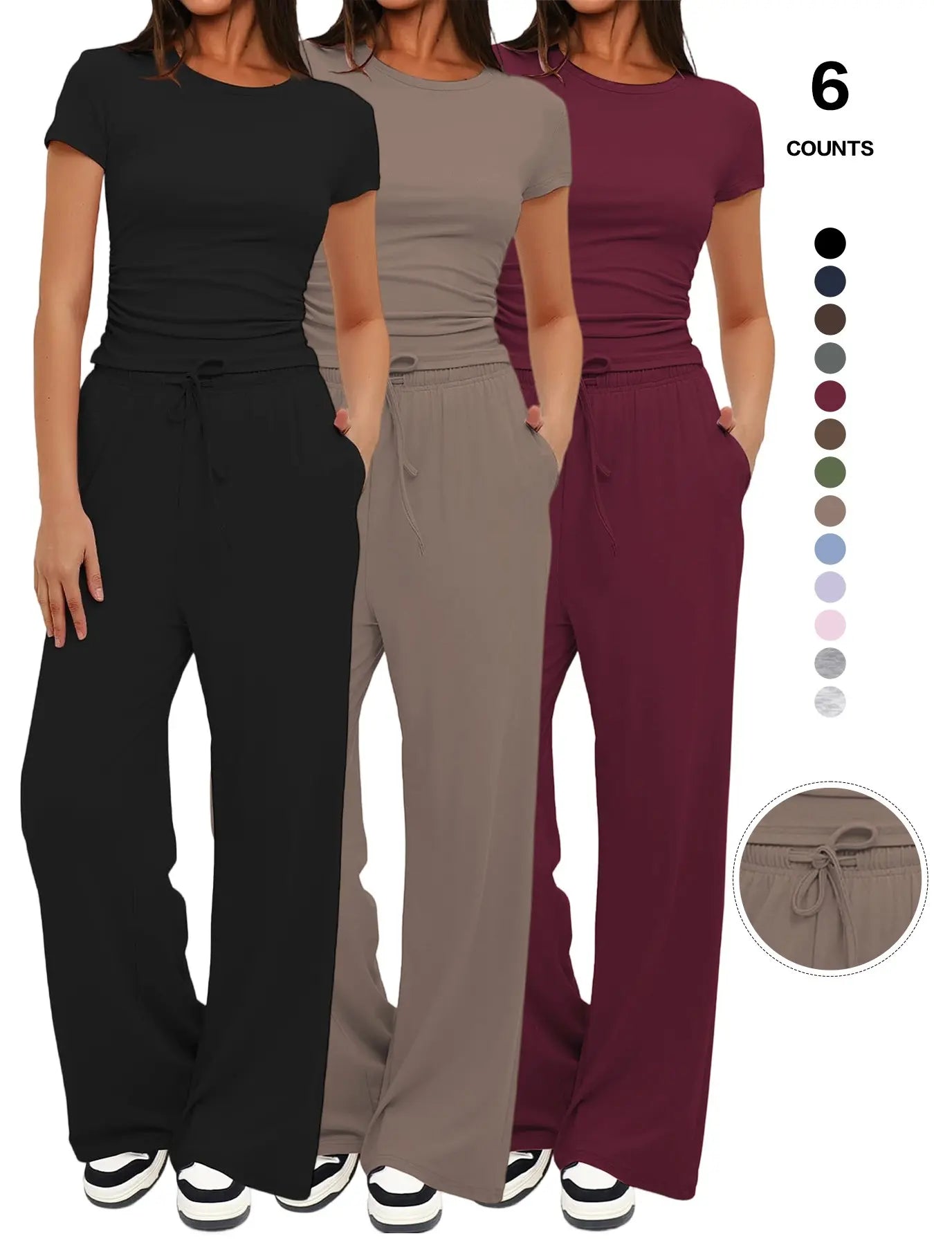 2026 Women'S Solid round Neck Tee & Pants Loungewear Pajamas Two/Six Piece Set, Casual Comfy Pyjama Set for Women, Comfy Loungewear Set for Daily Home Wear