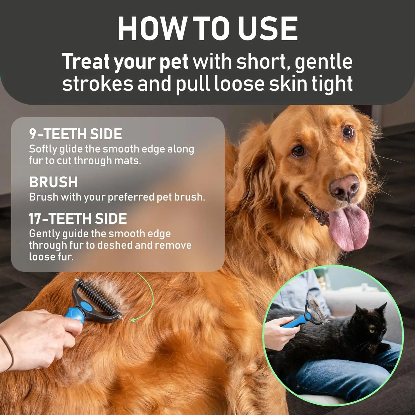 Professional Deshedding Brush for Dogs & Cats – Double-Sided Undercoat Rake with Stainless Steel Teeth – Reduces Shedding & Mats – Gentle Dematting Tool for Long-Haired Pets