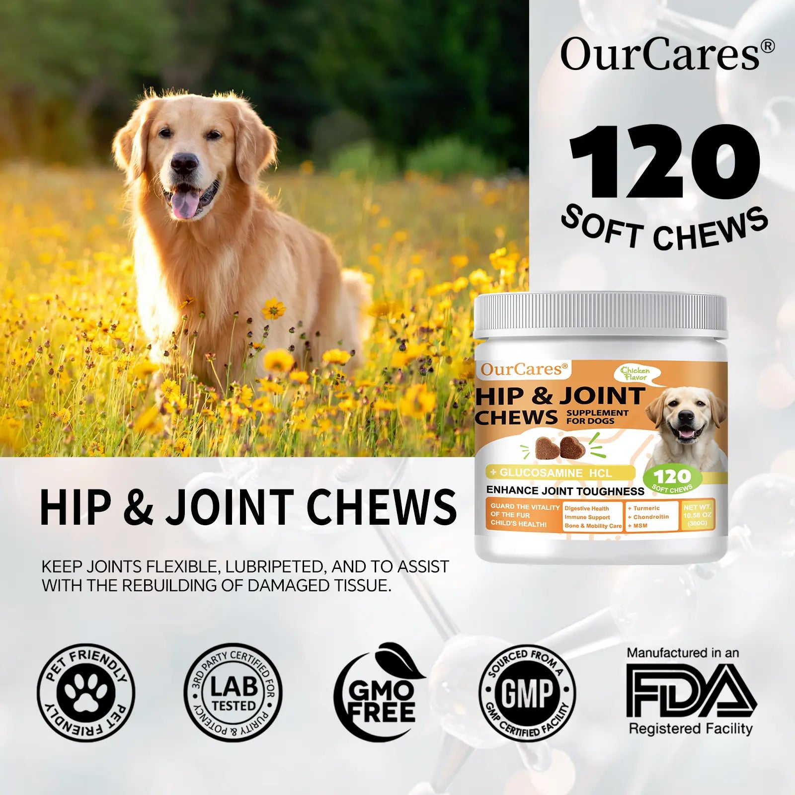 Ourcares Hip and Joint for Dogs Glucosamine for Dogs Hip and Joint Supplement with Chondroitin MSM Vitamins C & E - Chicken Flavor 120 Soft Chews Pet Daily Chews Snacks