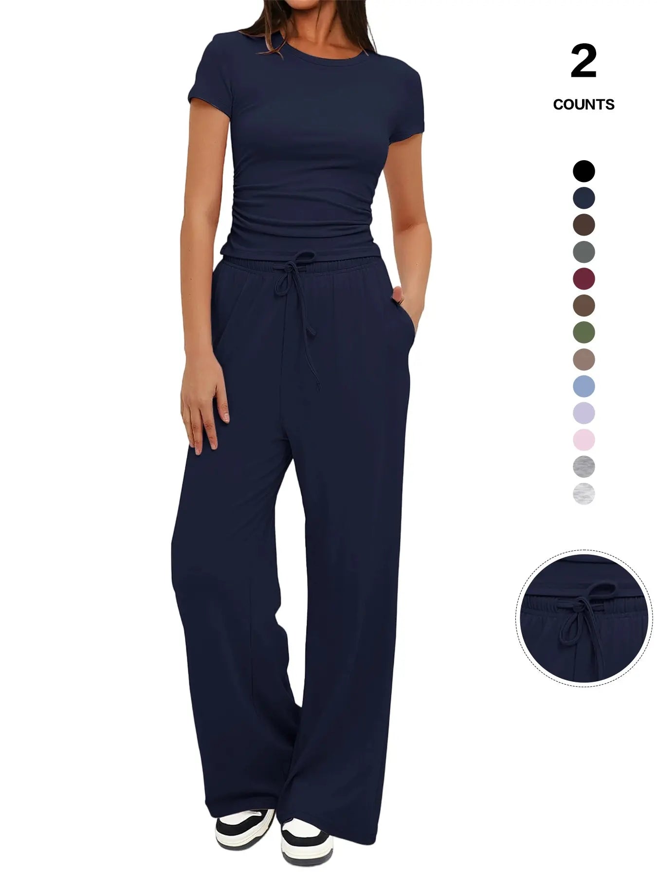 2026 Women'S Solid round Neck Tee & Pants Loungewear Pajamas Two/Six Piece Set, Casual Comfy Pyjama Set for Women, Comfy Loungewear Set for Daily Home Wear