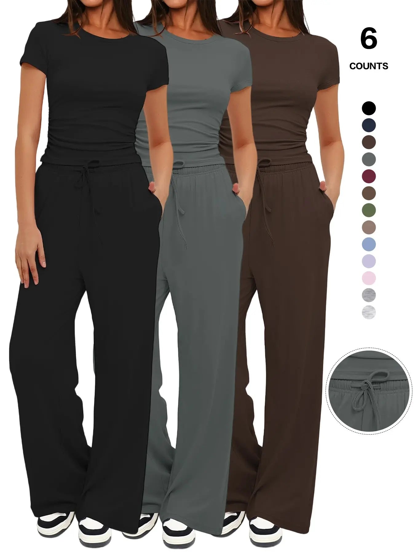 2026 Women'S Solid round Neck Tee & Pants Loungewear Pajamas Two/Six Piece Set, Casual Comfy Pyjama Set for Women, Comfy Loungewear Set for Daily Home Wear