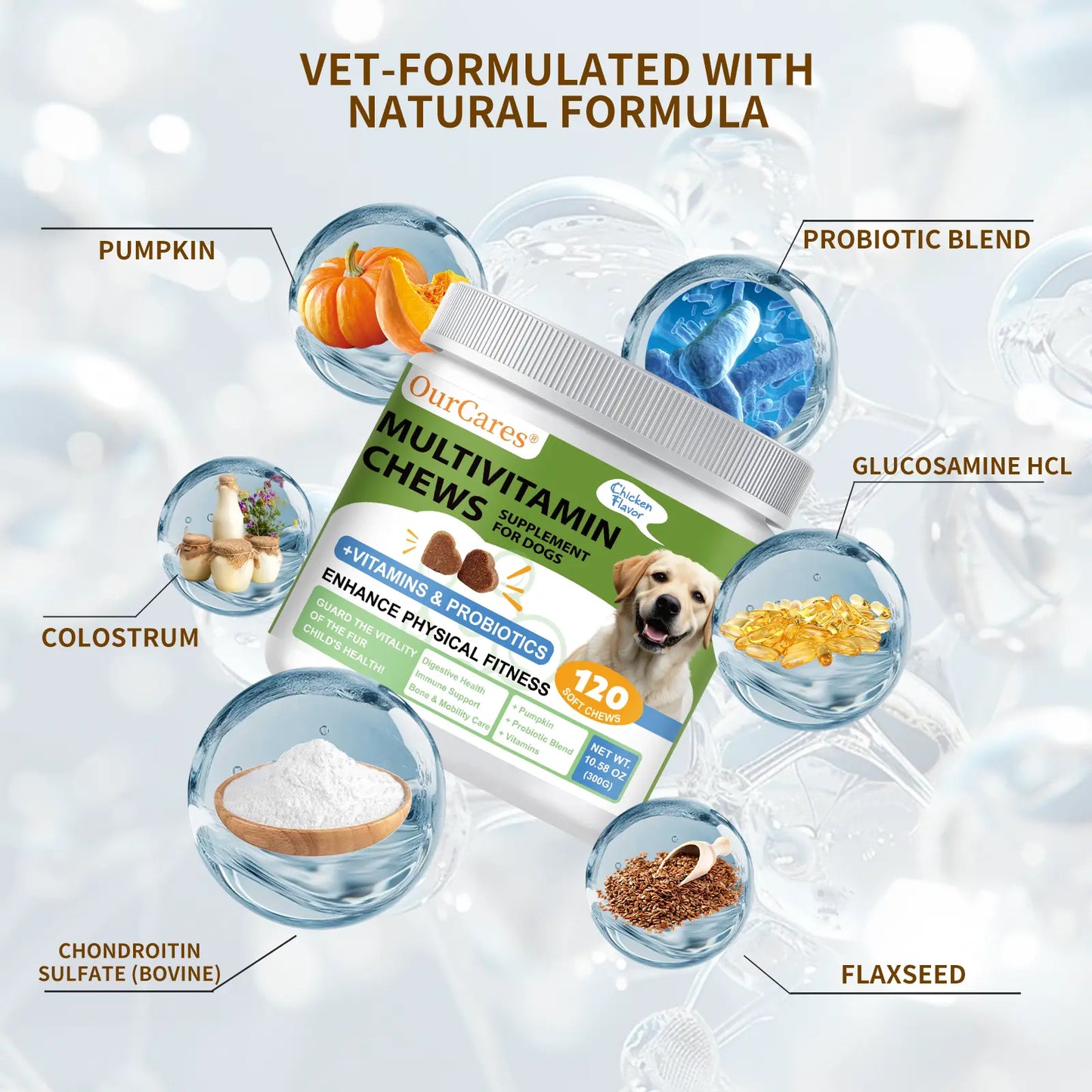 Ourcares Dog Multivitamin Supplements 120 Count Dog Multivitamin Chewable Immune Joint Support Skin Gut Health Glucosamine & Probiotics - Safe for Senior & Puppy Multivitamin - Chicken Flavor Pet Daily Chews Snacks