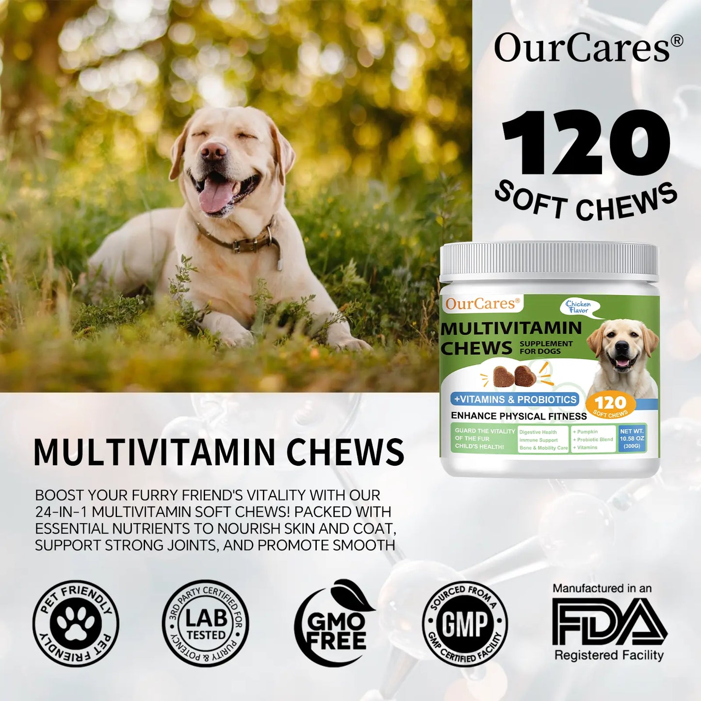 Ourcares Dog Multivitamin Supplements 120 Count Dog Multivitamin Chewable Immune Joint Support Skin Gut Health Glucosamine & Probiotics - Safe for Senior & Puppy Multivitamin - Chicken Flavor Pet Daily Chews Snacks