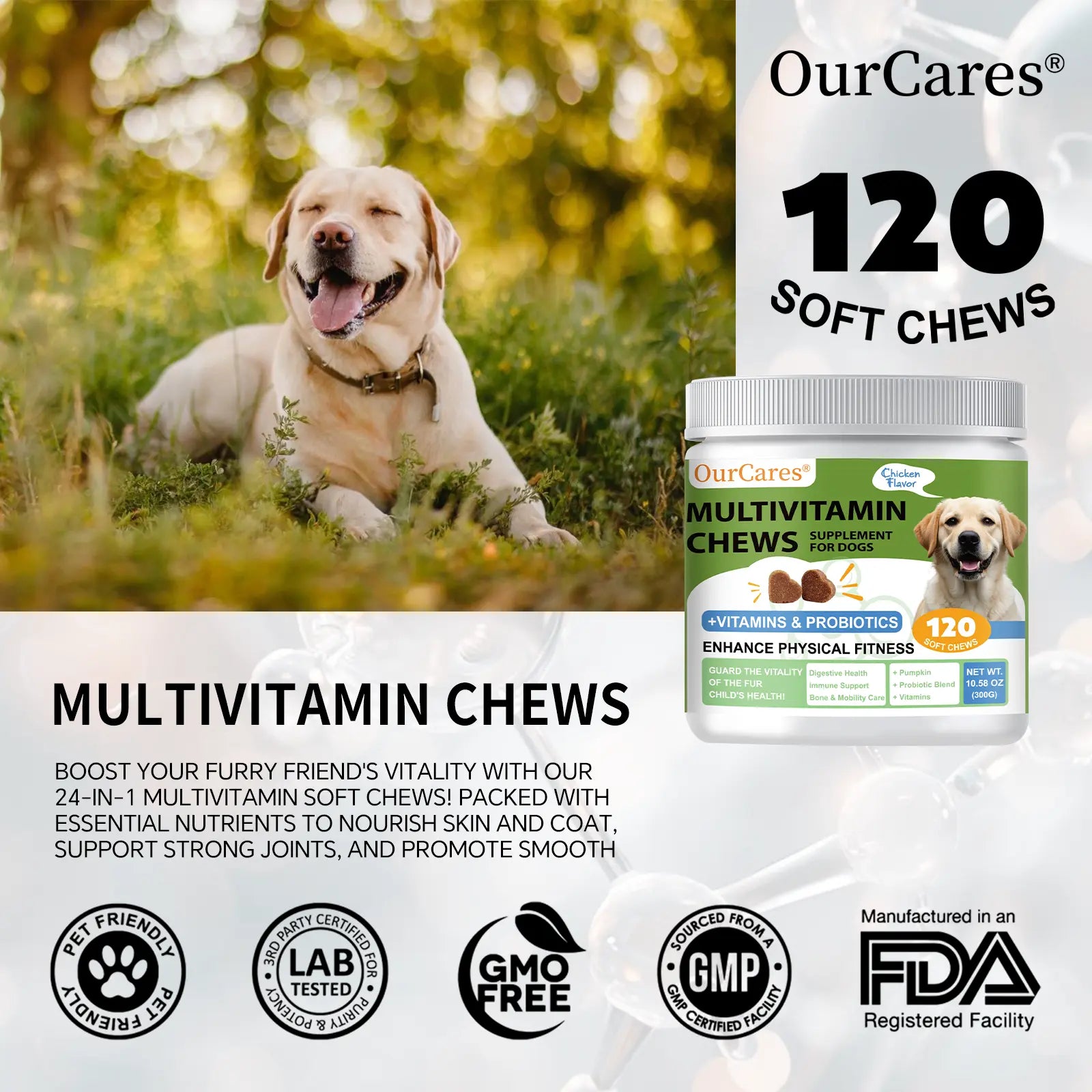 Ourcares Dog Multivitamin Supplements 120 Count Dog Multivitamin Chewable Immune Joint Support Skin Gut Health Glucosamine & Probiotics - Safe for Senior & Puppy Multivitamin - Chicken Flavor Pet Daily Chews Snacks