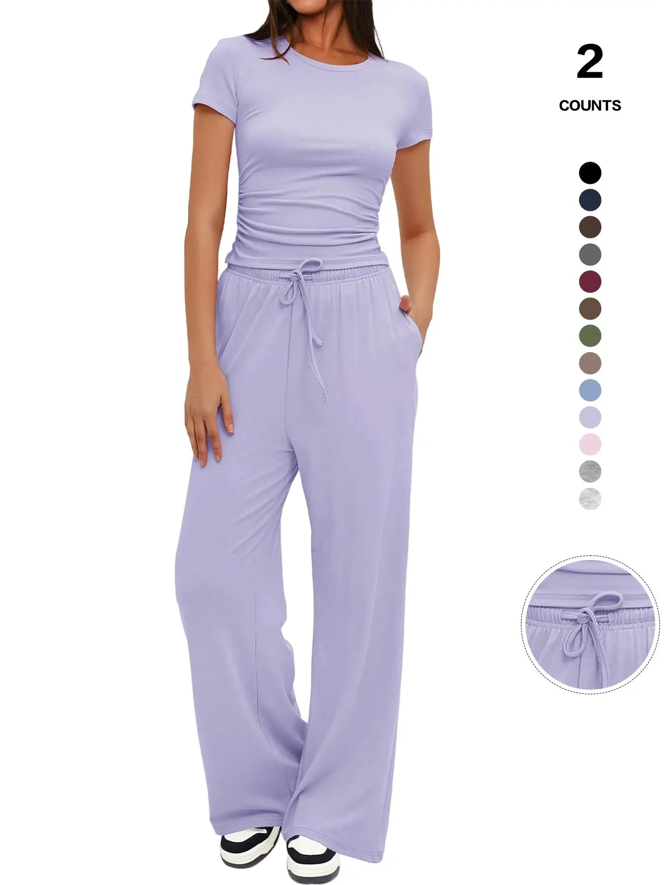2026 Women'S Solid round Neck Tee & Pants Loungewear Pajamas Two/Six Piece Set, Casual Comfy Pyjama Set for Women, Comfy Loungewear Set for Daily Home Wear