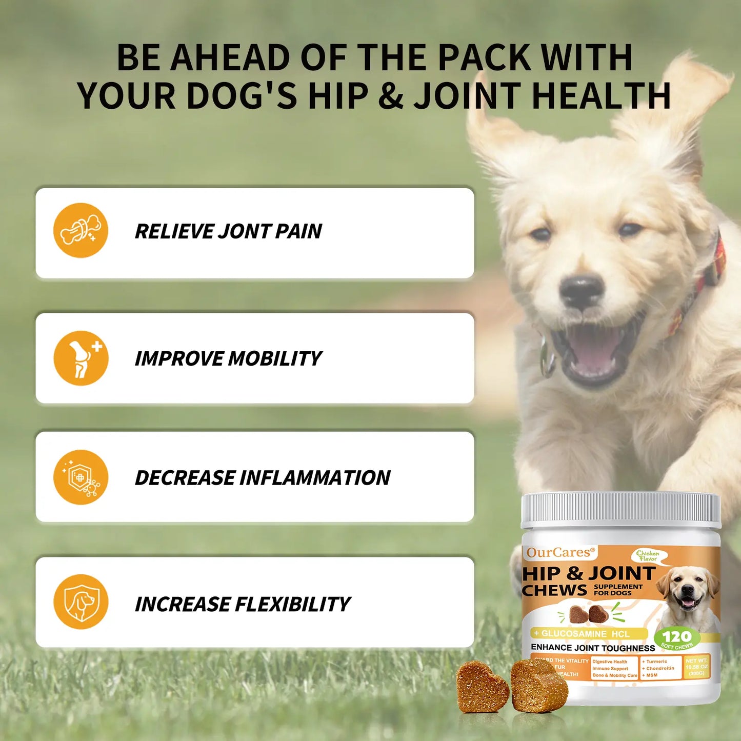 Ourcares Hip and Joint for Dogs Glucosamine for Dogs Hip and Joint Supplement with Chondroitin MSM Vitamins C & E - Chicken Flavor 120 Soft Chews Pet Daily Chews Snacks
