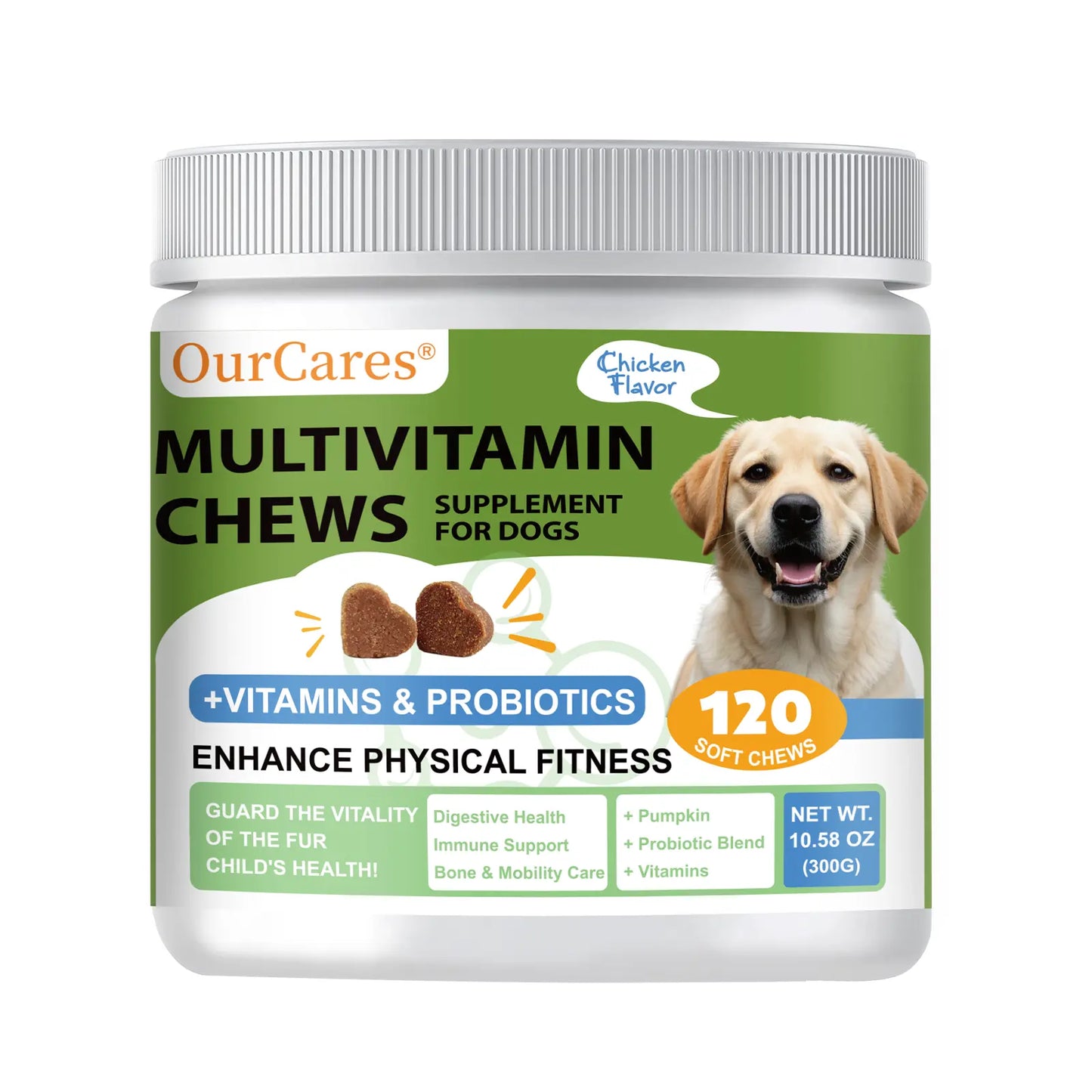 Ourcares Dog Multivitamin Supplements 120 Count Dog Multivitamin Chewable Immune Joint Support Skin Gut Health Glucosamine & Probiotics - Safe for Senior & Puppy Multivitamin - Chicken Flavor Pet Daily Chews Snacks